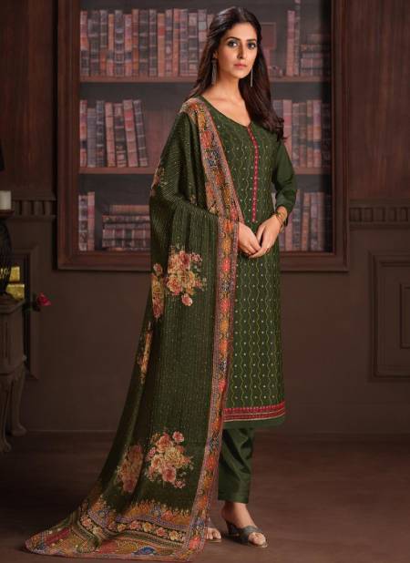 Mahendi Colour Fancy Designer Festive Wear Chinnon Embroidery Work Salwar Suit Collection 4784